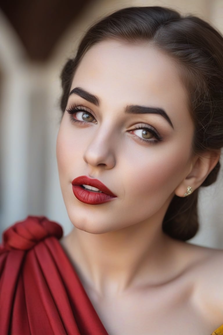 beautiful women face, realistic, high resolution, red lipstick, tongue touching nose, one eye close, dove eyes, eye brow trimmed, greek dress