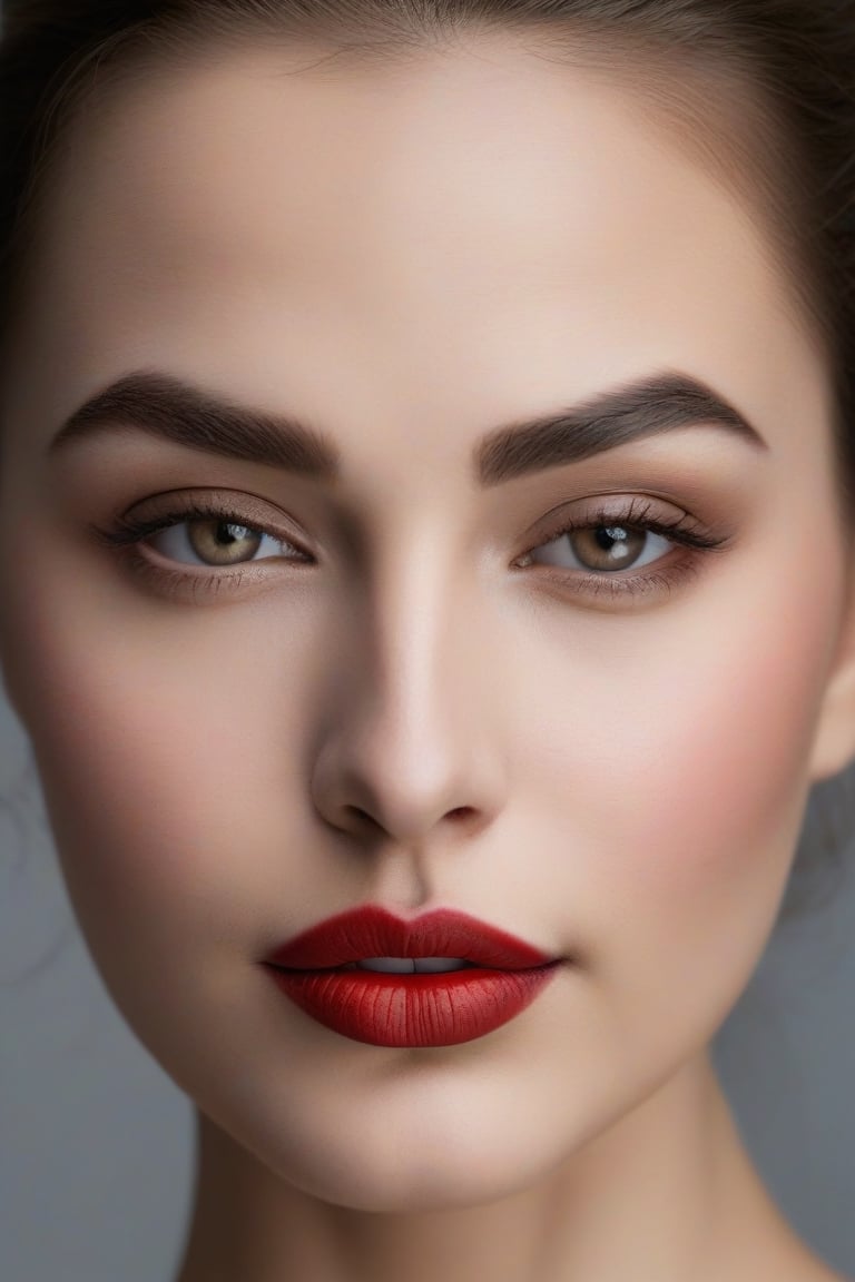 beautiful women face, realistic, high resolution, red lipstick, sharp nose, one eye closed, dove eyes, eye brow trimmed, queen