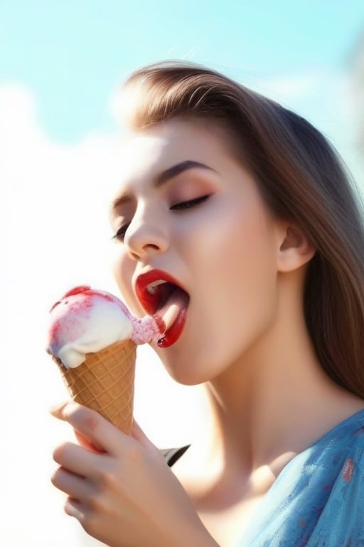 beautiful women, licking ice cream, sunny day, realsitic