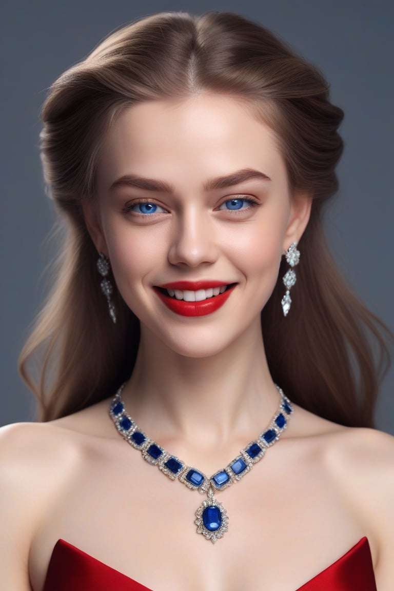 beautiful women, realistic, high resolution, red lipstick, sharp nose, one eye closed, dove eyes, eye brow trimmed, freya, human skin tone, red sleevless dress, eye contact, blue stone necklase, smiling, mouth closed, blue eyes, long hair, diamond ear rings