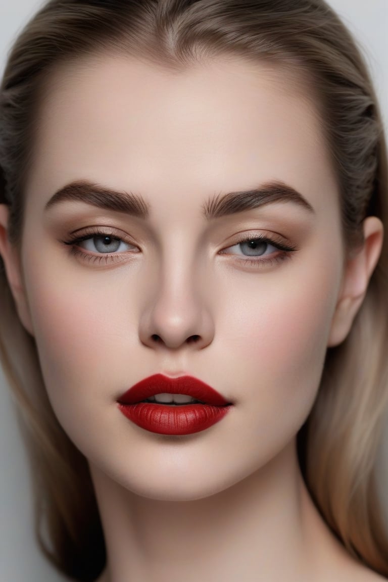 beautiful women face, realistic, high resolution, red lipstick, sharp nose, one eye closed, dove eyes, eye brow trimmed, freya