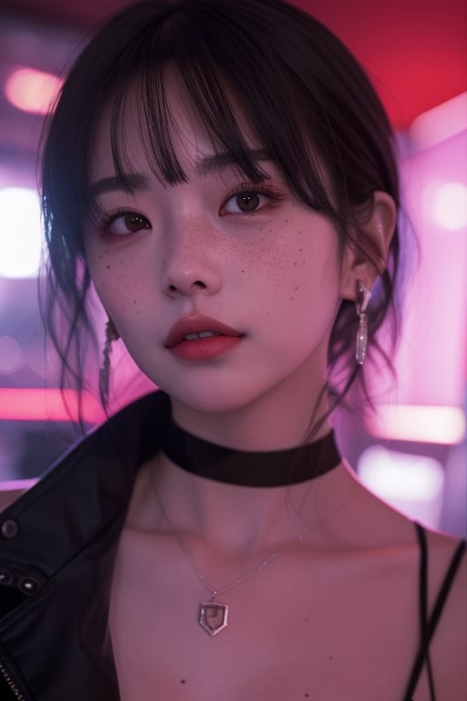 1girl, solo, looking at viewer, short hair, bangs, black hair, red eyes, brown eyes, jewelry, upper body, earrings, parted lips, choker, necklace, mole, blurry, lips, blurry background, portrait, freckles, realistic, nose