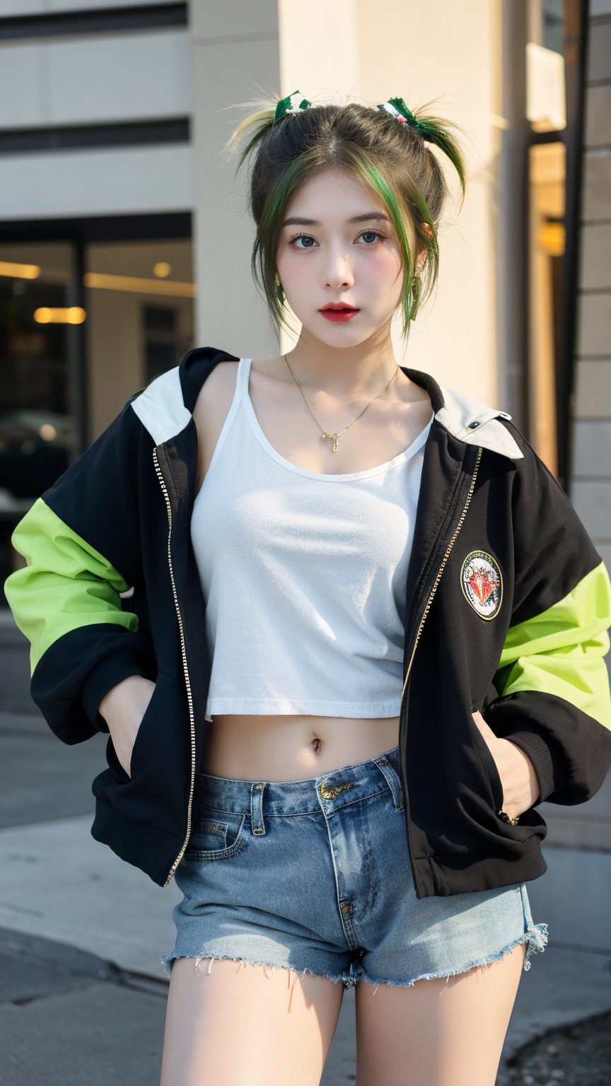 1girl, solo, long hair, looking at viewer, blue eyes, twintails, jewelry, closed mouth, standing, jacket, cowboy shot, earrings, green hair, open clothes, horns, shorts, necklace, open jacket, black jacket, tattoo, black shorts, piercing, ear piercing, hands in pockets