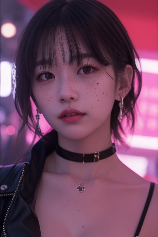 1girl, solo, looking at viewer, short hair, bangs, black hair, red eyes, brown eyes, jewelry, upper body, earrings, parted lips, choker, necklace, mole, blurry, lips, blurry background, portrait, freckles, realistic, nose