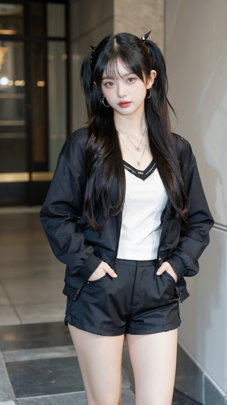 1girl, solo, long hair, looking at viewer, blue eyes, twintails, jewelry, closed mouth, standing, jacket, cowboy shot, earrings, green hair, open clothes, horns, shorts, necklace, open jacket, black jacket, tattoo, black shorts, piercing, ear piercing, hands in pockets