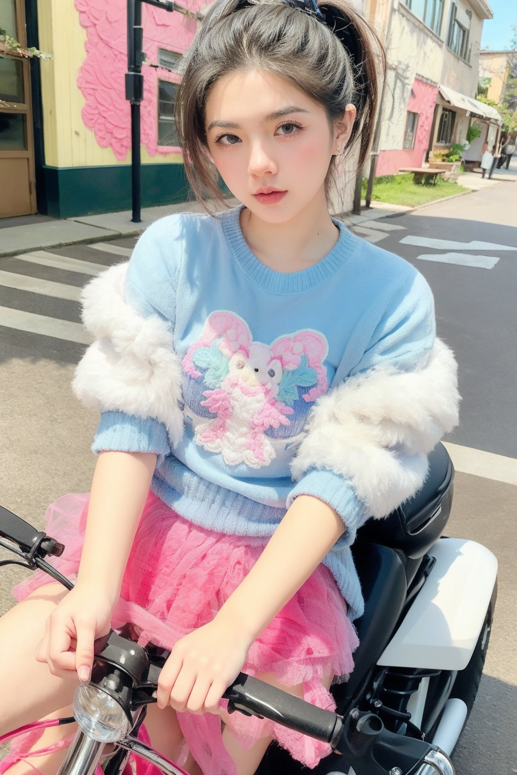 A young woman clad in vibrant Fairy Kei fashion sits, on a Kawasaki Z900RS motorcycle. Distinct hairstyles and hair colors. She is dressed in a pastel color palette with a mix of textures like soft knits and tulle. T-shirt with cute graphics, fluffy sweaters, layered skirts, and patterned leggings. Urban background, suggesting a street fashion scene. Bright, colorful aesthetic with a whimsical, youthful vibe, reflecting the unique Fairy Kei subculture, cluttered maximalism, 64k, UDR, HDR, and highly detailed. Masterpiece. 