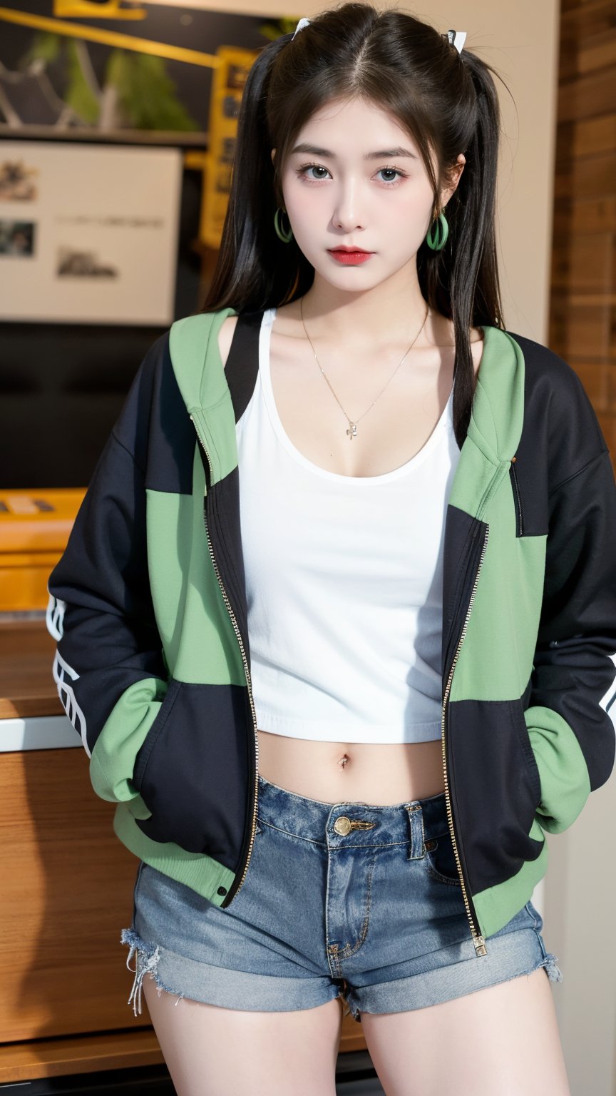 1girl, solo, long hair, looking at viewer, blue eyes, twintails, jewelry, closed mouth, standing, jacket, cowboy shot, earrings, green hair, open clothes, horns, shorts, necklace, open jacket, black jacket, tattoo, black shorts, piercing, ear piercing, hands in pockets