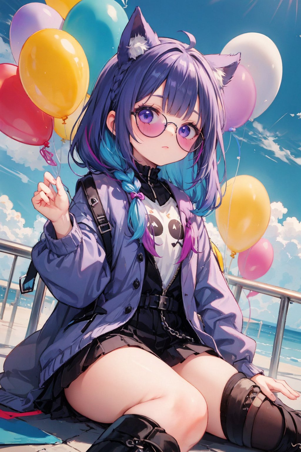 masterpiece,bestquality,1girl,prettyandcute,(rainbowcolorHighlightHair,colorfulhair:1.4),wearingblueand(purplesunglasses:1.2),yellowjacketwithwhitepattern,whitesweater,manycoloredballoons,dollface,ponytailbraid,perfectdetaileyes,delicateface,perfectcg,HDquality,coloredballoons,sky,blackboots