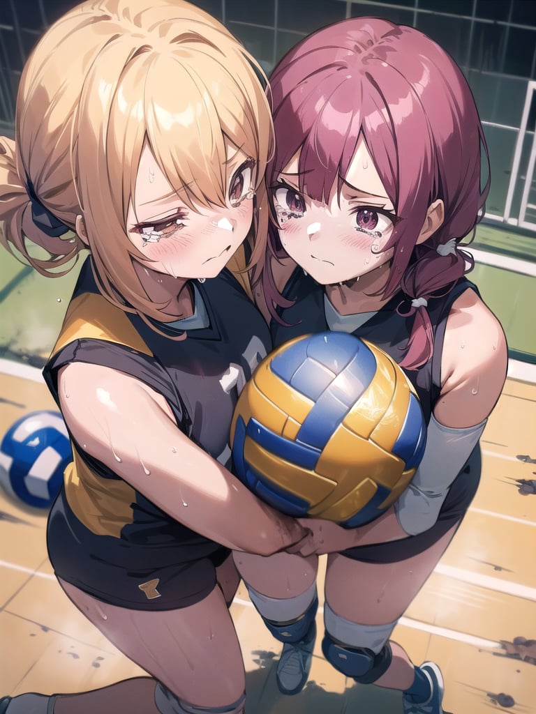 (((masutepiece))), (((Best Quality))), (((ultra-detailliert))), (((hight resolution))), ((superfine illustration)), ((Ultimate cutie)), Detailed beautiful face, Shiny hair, (gals), ((Plump)), (((2girls))), (((2 Female volleyball players))), ((Yuri)), ((sad)), Tears, ((blush)), 
BREAK, (((Holds dirty spherical 6-inch volleyballs))), BREAK, (((Buruma))), (Volleyball uniform), Sleeveless Volleyball Uniforms, (((Buruma))), (Knee pad), (elbow pad), (Bare hands), ((Sweat)), ((Covered in sweat)), (deep breathing), on valleyball court, in gymnasium, Lighting, From  above, Look at viewers, 