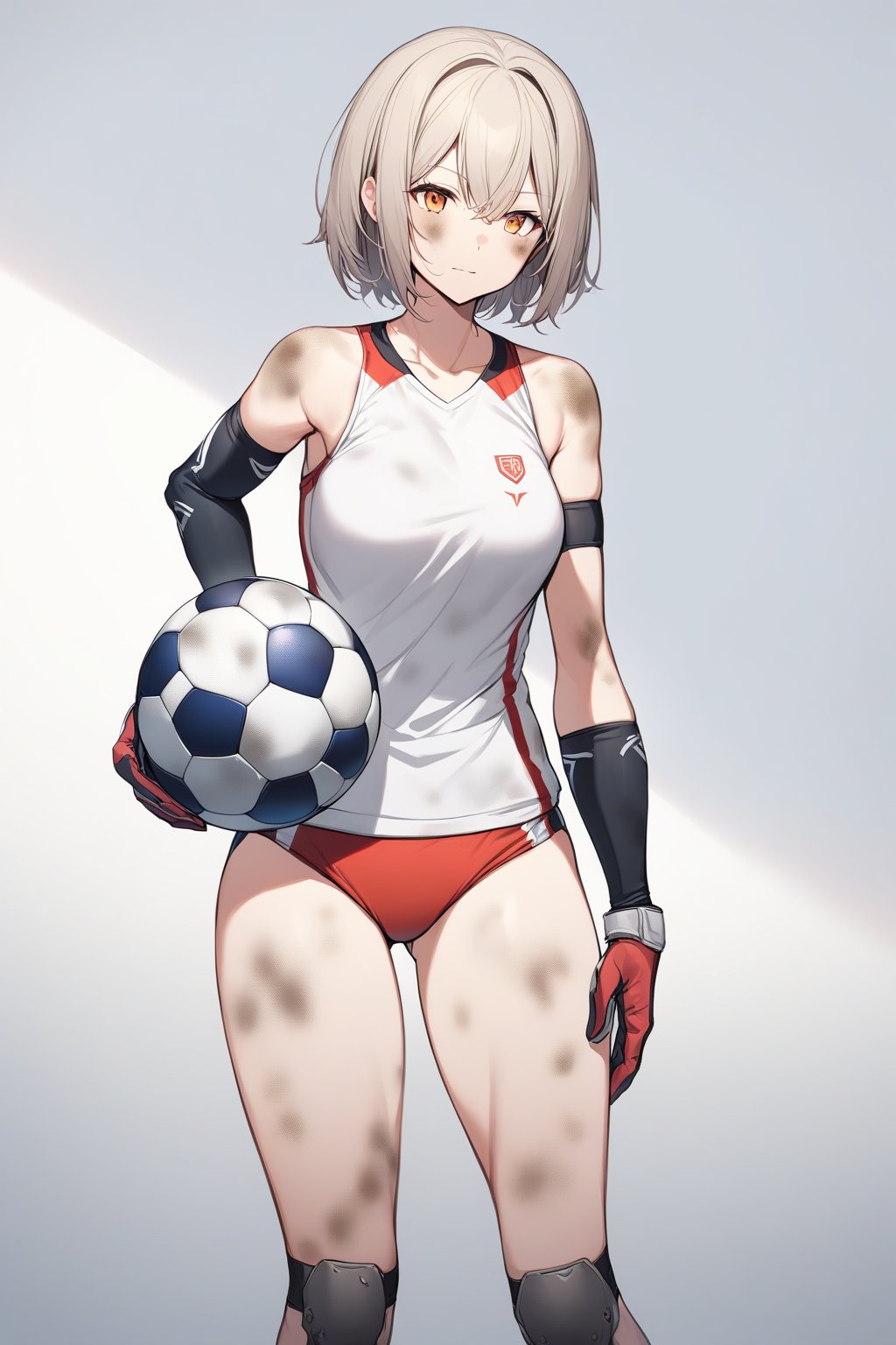 ⚽️, 1girls, goalkeeper, buruma, gloves, knee supporter, elbow supporter, holding a Holding perfectly spherical, old and dirty 6-inch soccer ball, cowboy shot, perfect anatomy