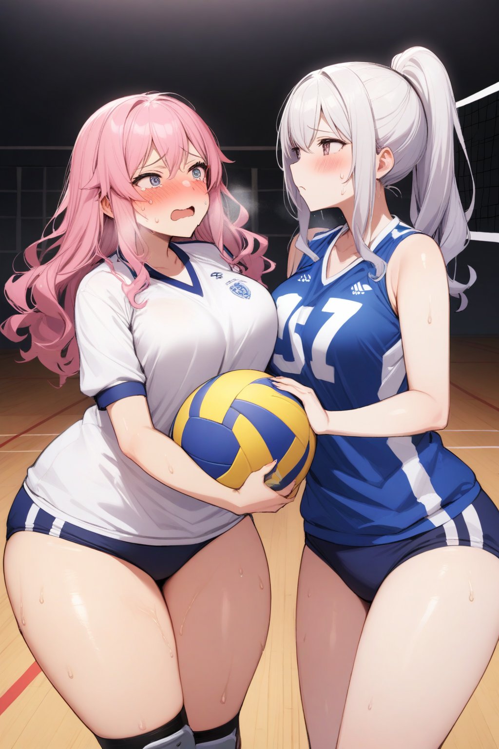 masterpiece, Best Quality, anatomically correct, high resolution, Ultimate cutie, Shiny hair, ((gyaru)), 17 years old, medium breasts, curvy, plump, (Thick thighs), (2 girls), (2 Female volleyball players), ((yuri)), ((sad)), tearfully, ((blush)), 
BREAK, (Holding dirty spherical 6-inch volleyball ball), 
BREAK, ((buruma)), (Volleyball uniform), Sleeveless, (Knee pad), (elbow sleeve), (Bare hands), ((Sweat)), ((Covered in sweat)), deep breathing, on valleyball court, in gymnasium, eye contact, cowboy shot