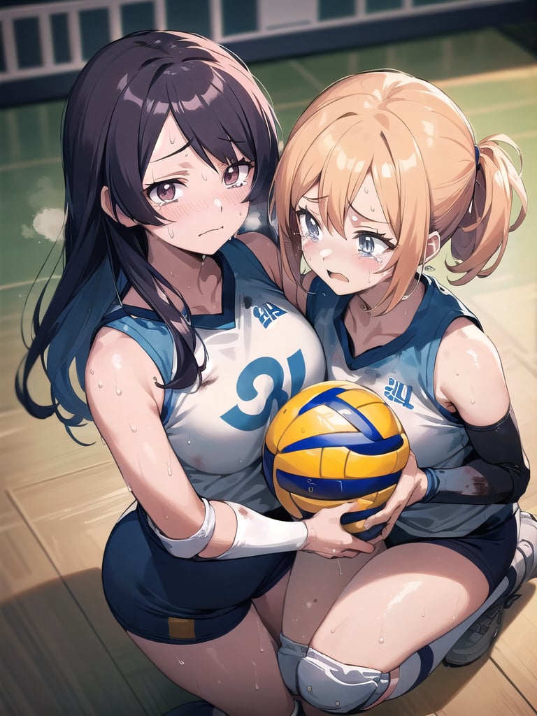 (((masutepiece))), (((Best Quality))), (((ultra-detailliert))), (((hight resolution))), ((superfine illustration)), ((Ultimate cutie)), Detailed beautiful face, Shiny hair, (gals), ((Plump)), (((2girls))), (((2 Female volleyball players))), ((Yuri)), ((sad)), Tears, ((blush)), 
BREAK, (((Holds dirty spherical 6-inch volleyballs))), BREAK, (((Buruma))), (Volleyball uniform), Sleeveless Volleyball Uniforms, (((Buruma))), (Knee pad), (elbow pad), (Bare hands), ((Sweat)), ((Covered in sweat)), (deep breathing), on valleyball court, in gymnasium, Lighting, From  above, Look at viewers, 