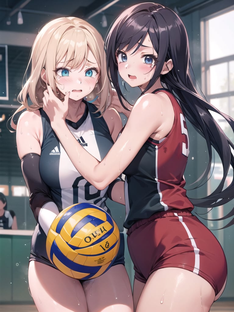 masterpiece, Best Quality, high resolution, ((Ultimate cutie)), Detailed beautiful face, Shiny hair, (gyaru), ((Plump)), (((2girls))), (((2 Female volleyball players))), (Yuri)), ((frustrated expression)), ((tearfully)),  ((blush)), 
BREAK, ((Holding a dirty spherical 6-inch volleyball ball)), BREAK, adidas, (Buruma), (Volleyball uniform), Sleeveless, (Knee pad), (elbow pad), (Bare hands), ((Sweat)), ((Covered in sweat)), (deep breathing), on valleyball court, in gymnasium, Look at viewers, cowboy shot