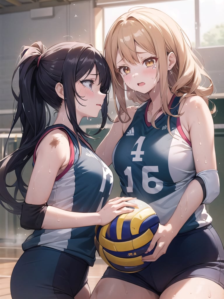 masterpiece, Best Quality, high resolution, ((Ultimate cutie)), Detailed beautiful face, Shiny hair, (gyaru), ((Plump)), (((2girls))), (((2 Female volleyball players))), (Yuri)), ((frustrated expression)), ((tearfully)),  ((blush)), 
BREAK, ((Holding a dirty spherical 6-inch volleyball ball)), BREAK, adidas, (Buruma), (Volleyball uniform), Sleeveless, (Knee pad), (elbow pad), (Bare hands), ((Sweat)), ((Covered in sweat)), (deep breathing), on valleyball court, in gymnasium, Look at viewers, cowboy shot