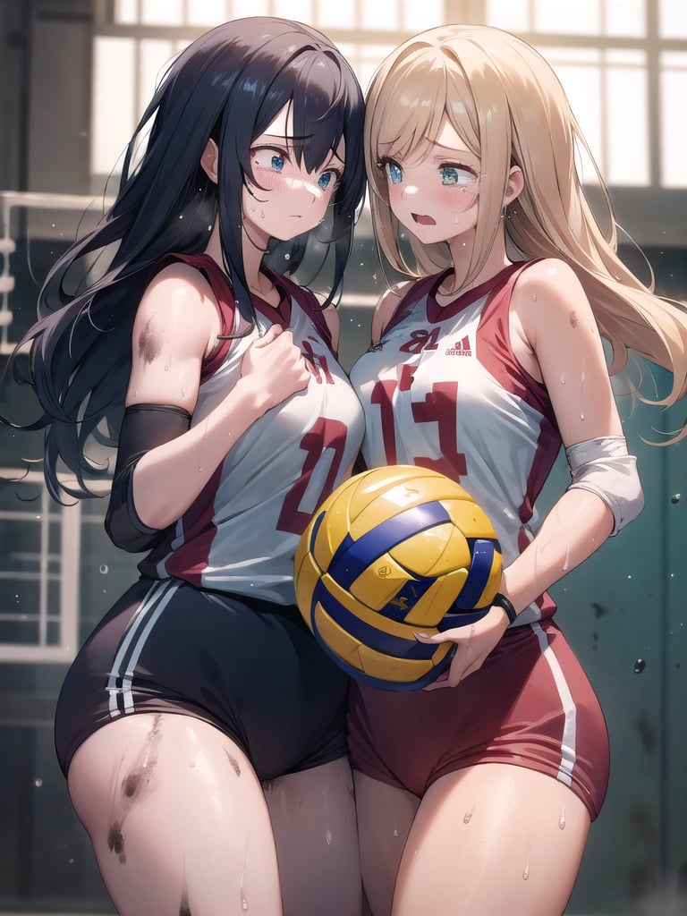 masterpiece, Best Quality, high resolution, ((Ultimate cutie)), Detailed beautiful face, Shiny hair, (gyaru), ((Plump)), (((2girls))), (((2 Female volleyball players))), (Yuri)), ((frustrated expression)), ((tearfully)),  ((blush)), 
BREAK, ((Holding a dirty spherical 6-inch volleyball ball)), BREAK, adidas, (Buruma), (Volleyball uniform), Sleeveless, (Knee pad), (elbow pad), (Bare hands), ((Sweat)), ((Covered in sweat)), (deep breathing), on valleyball court, in gymnasium, cowboy shot