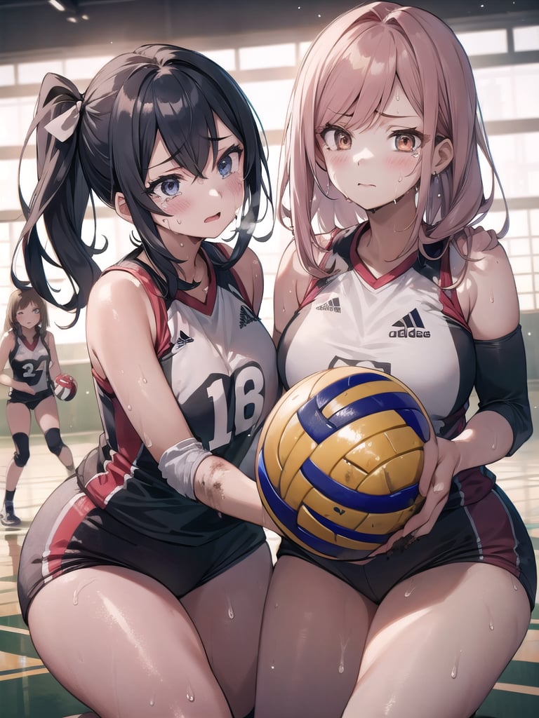 masterpiece, Best Quality, high resolution, ((Ultimate cutie)), Detailed beautiful face, Shiny hair, (gyaru), ((Plump)), (((2girls))), (((2 Female volleyball players))), (Yuri)), ((frustrated expression)), ((tearfully)),  ((blush)), 
BREAK, ((Holding a dirty spherical 6-inch volleyball ball)), BREAK, adidas, (Buruma), (Volleyball uniform), Sleeveless, (Knee pad), (elbow pad), (Bare hands), ((Sweat)), ((Covered in sweat)), (deep breathing), on valleyball court, in gymnasium, Look at viewers, cowboy shot