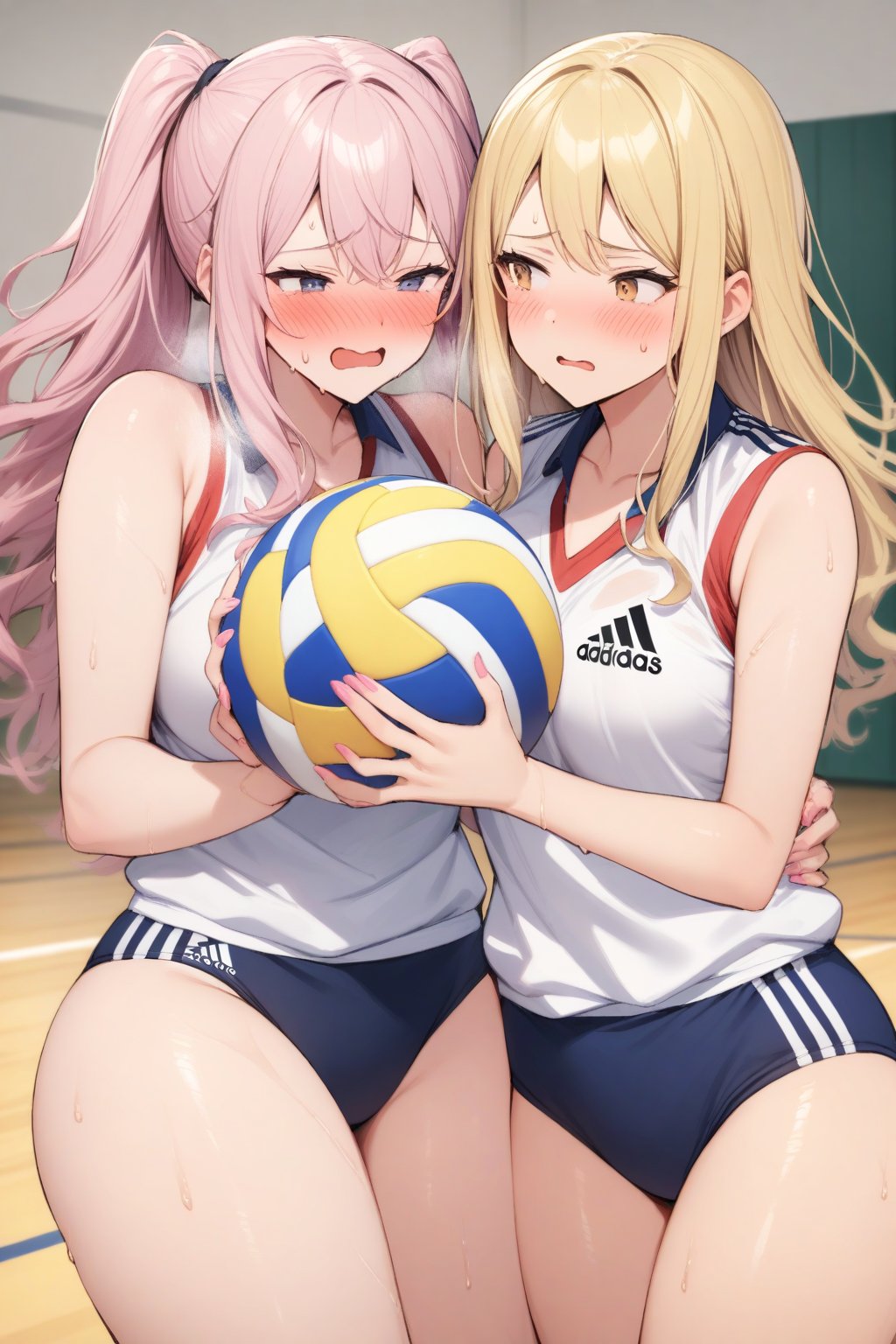 masterpiece, Best Quality, anatomically correct, high resolution, Ultimate cutie, Shiny hair, ((gyaru)), 17 years old, medium breasts, curvy, plump, (Thick thighs), (2 girls), (2 Female volleyball players), ((yuri)), ((sad)), embarrassed expression, ((blush)), 
BREAK, (Holding dirty spherical 6-inch volleyball ball), 
BREAK, adidas, ((buruma)), (Volleyball uniform), Sleeveless, (Knee pad), (elbow sleeve), (Bare hands), ((Sweat)), ((Covered in sweat)), deep breathing, on valleyball court, in gymnasium, eye contact, cowboy shot