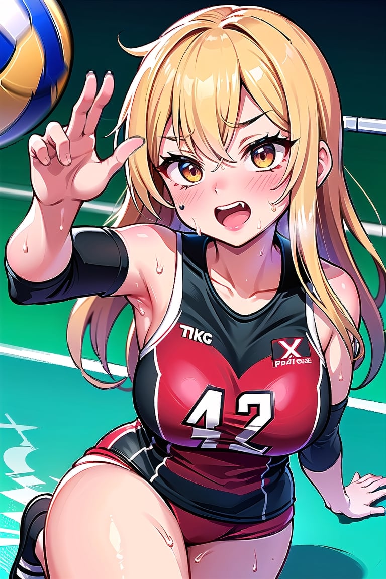 unity 8k wallpaper, anatomically correct,  (((masterpiece))), (((best quality))), (((ultra detailed))), (((high-resolution))), ((super fine illustration)), ((Ultimate cutie)), ((detailed beautiful face)), ((perfect hands)), perfect finger, (((good anatomy))), Solo, (gyaru), 17 years old, potbelly, (Curvy), medium breasts, thick thighs, solo, one girl, cheerful, volleyball uniforms, ((buruma)), sleeveless, knee pad, elbow pad, 
BREAK, ((Ball high up in the air)), (((Female volleyball player jumping))), 
BREAK, (reaching hand for a ball), (dunk shot), (((sweat))), (((covered in sweat))), in Volleyball Court, in gym