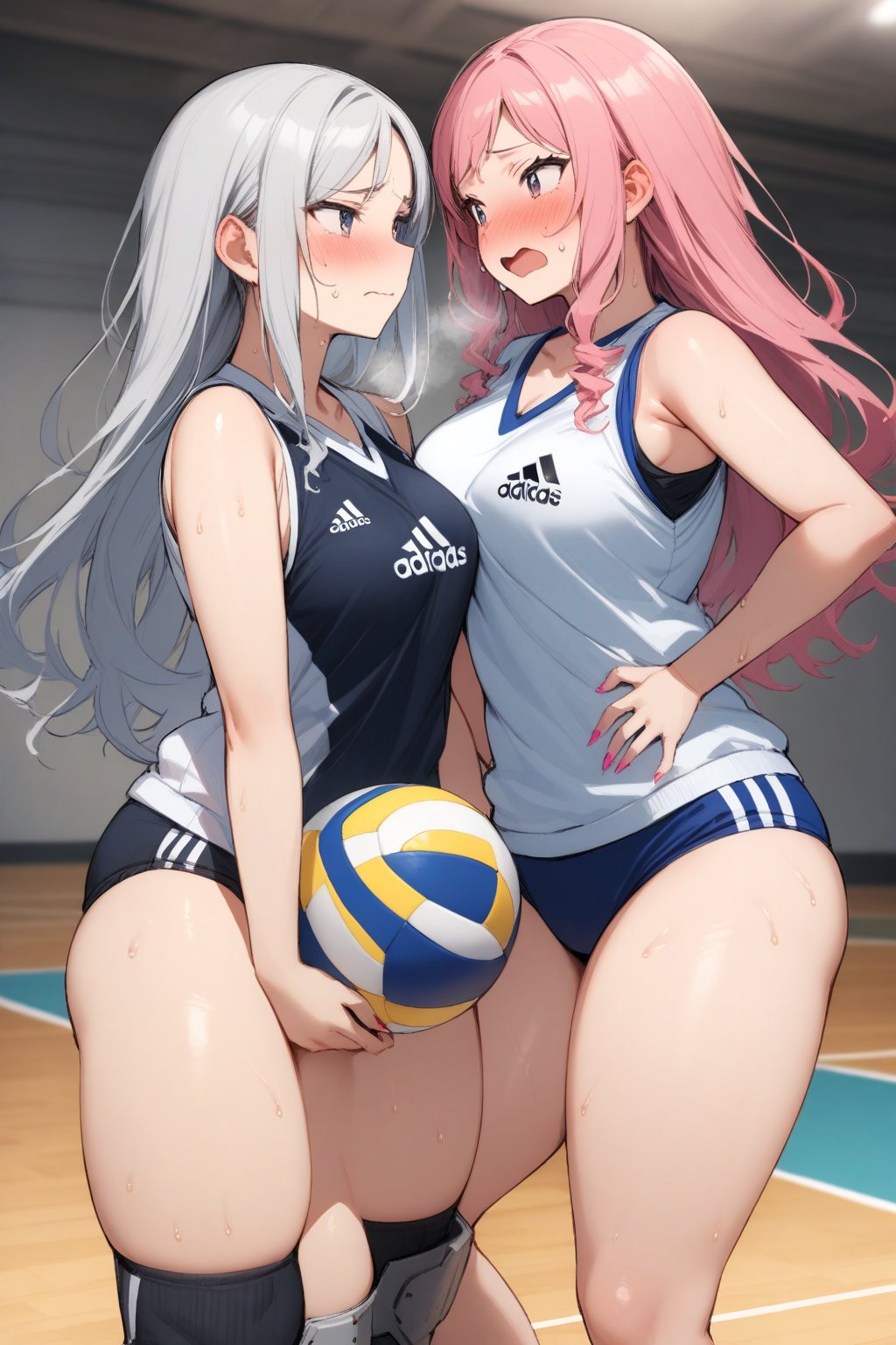 masterpiece, Best Quality, anatomically correct, high resolution, Ultimate cutie, Shiny hair, ((gyaru)), 17 years old, medium breasts, curvy, plump, (Thick thighs), (2 girls), (2 Female volleyball players), ((yuri)), ((sad)), embarrassed expression, ((blush)), 
BREAK, (Holding dirty spherical 6-inch volleyball ball), 
BREAK, adidas, ((buruma)), (Volleyball uniform), Sleeveless, (Knee pad), (elbow sleeve), (Bare hands), ((Sweat)), ((Covered in sweat)), deep breathing, on valleyball court, in gymnasium, eye contact, cowboy shot