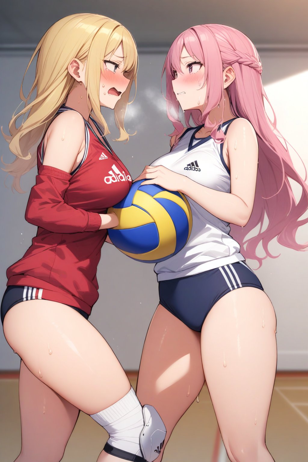 masterpiece, Best Quality, anatomically correct, high resolution, Ultimate cutie, Shiny hair, ((gyaru)), 17 years old, medium breasts, curvy, (potbelly), (Thick thighs), (2 girls), (2 Female volleyball players), ((yuri)), ((sad)), embarrassed expression, ((blush)), 
BREAK, (Holding dirty spherical 6-inch volleyball ball), 
BREAK, adidas, ((buruma)), (Volleyball uniform), Sleeveless, (Knee pad), (elbow sleeve), (Bare hands), ((Sweat)), ((Covered in sweat)), deep breathing, on valleyball court, in gymnasium, eye contact, cowboy shot