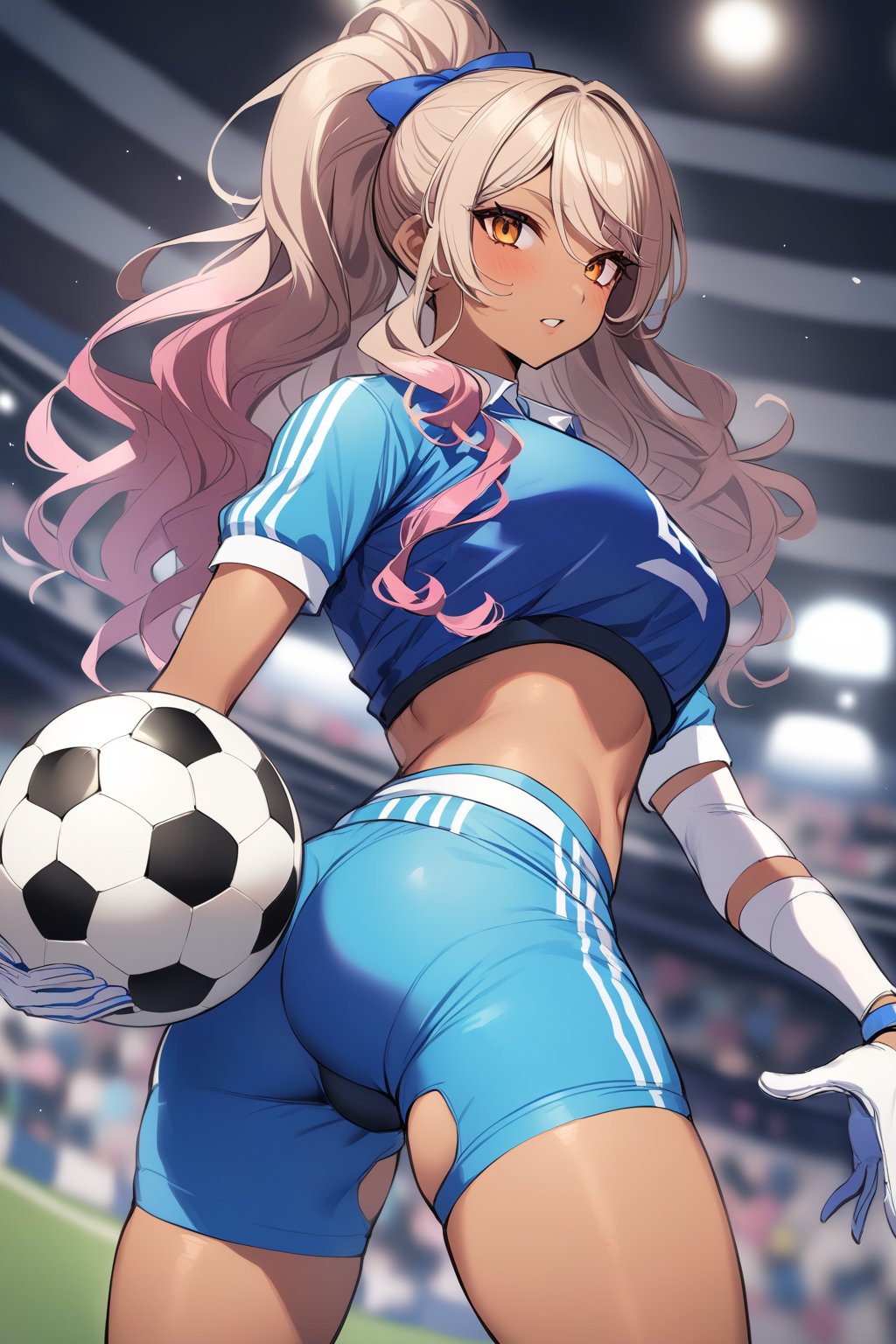 ⚽️、1girl, gyaru, goalkeeper, buruma, gloves, knee supporter, elbow supporter, holding soccer ball, cowboy shot, perfect anatomy 