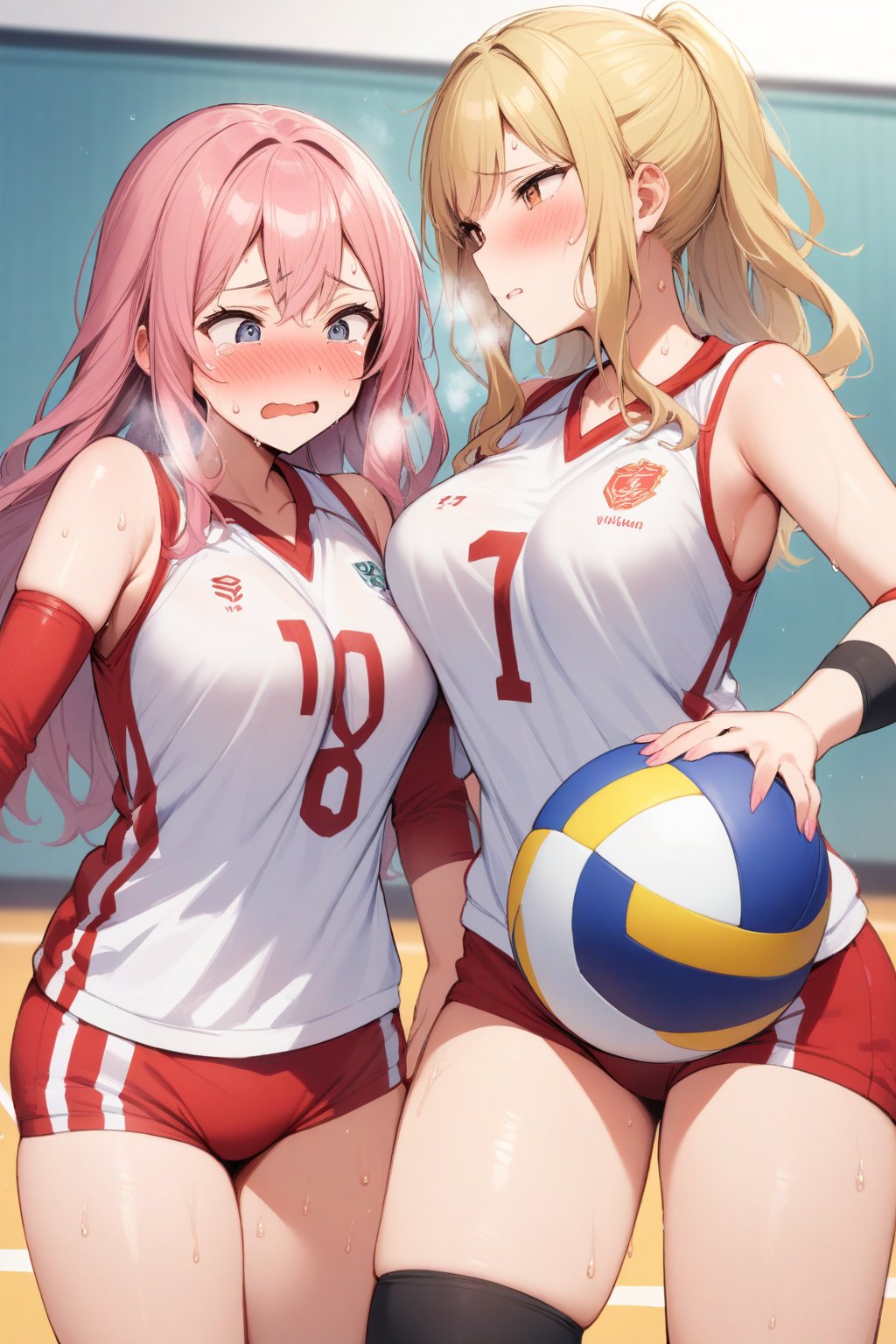 masterpiece, Best Quality, anatomically correct, high resolution, Ultimate cutie, Shiny hair, ((gyaru)), 17 years old, medium breasts, curvy, plump, (Thick thighs), (2 girls), (2 Female volleyball players), ((yuri)), ((sad)), tearfully, ((blush)), 
BREAK, (Holding dirty spherical 6-inch volleyball ball), 
BREAK, ((red buruma)), (Volleyball uniform), Sleeveless, (Knee pad), (elbow sleeve), (Bare hands), ((Sweat)), ((Covered in sweat)), deep breathing, on valleyball court, in gymnasium, eye contact, cowboy shot