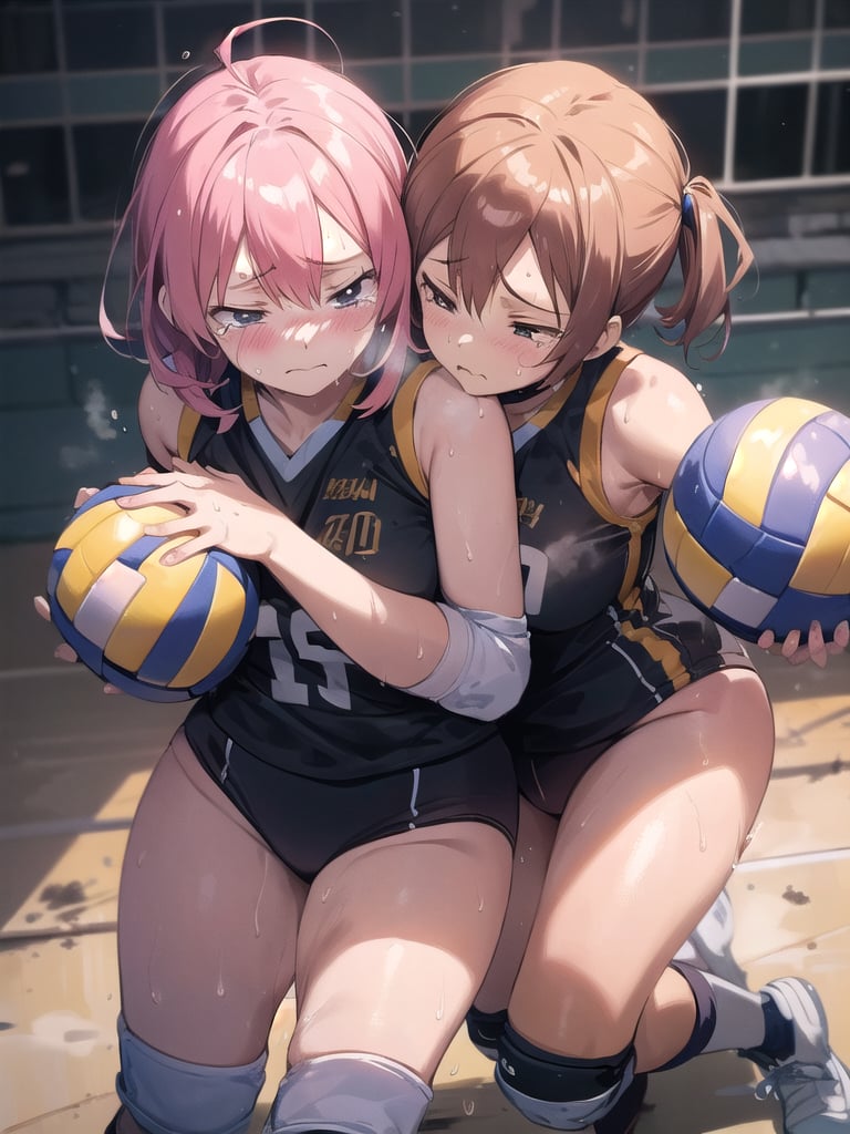 (((masutepiece))), (((Best Quality))), (((ultra-detailliert))), (((hight resolution))), ((superfine illustration)), ((Ultimate cutie)), Detailed beautiful face, Shiny hair, (gals), ((Plump)), (((2girls))), (((2 Female volleyball players))), ((Yuri)), ((sad)), Tears, ((blush)), 
BREAK, (((Holds dirty spherical 6-inch volleyballs))), BREAK, (((Buruma))), (Volleyball uniform), Sleeveless Volleyball Uniforms, (((Buruma))), (Knee pad), (elbow pad), (Bare hands), ((Sweat)), ((Covered in sweat)), (deep breathing), on valleyball court, in gymnasium, Lighting, From  above, Look at viewers, 