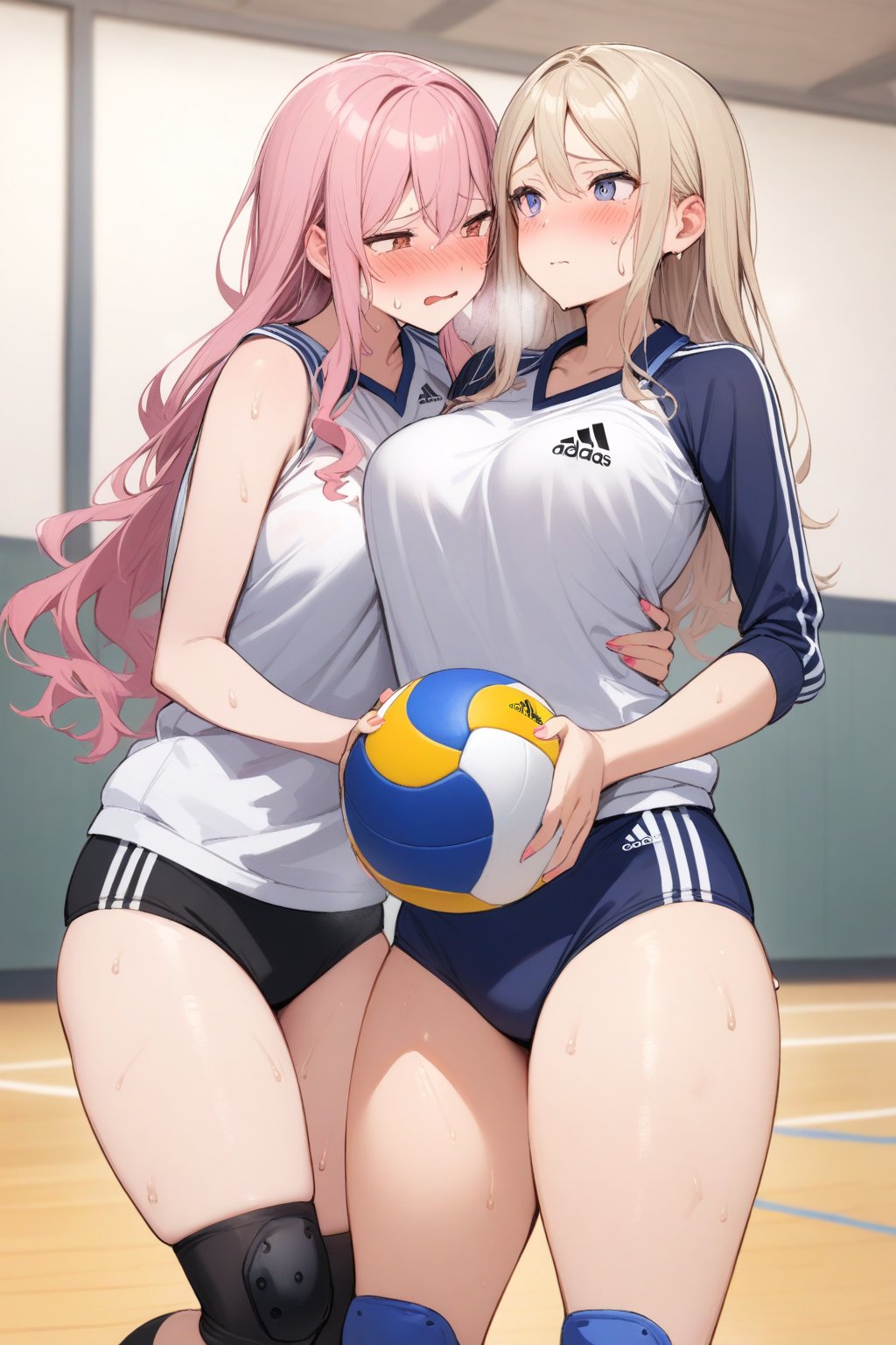 masterpiece, Best Quality, anatomically correct, high resolution, Ultimate cutie, Shiny hair, ((gyaru)), 17 years old, medium breasts, curvy, (potbelly), (Thick thighs), (2 girls), (2 Female volleyball players), ((yuri)), ((sad)), embarrassed expression, ((blush)), 
BREAK, (Holding dirty spherical 6-inch volleyball ball), 
BREAK, adidas, ((buruma)), (Volleyball uniform), Sleeveless, (Knee pad), (elbow sleeve), (Bare hands), ((Sweat)), ((Covered in sweat)), deep breathing, on valleyball court, in gymnasium, eye contact, cowboy shot