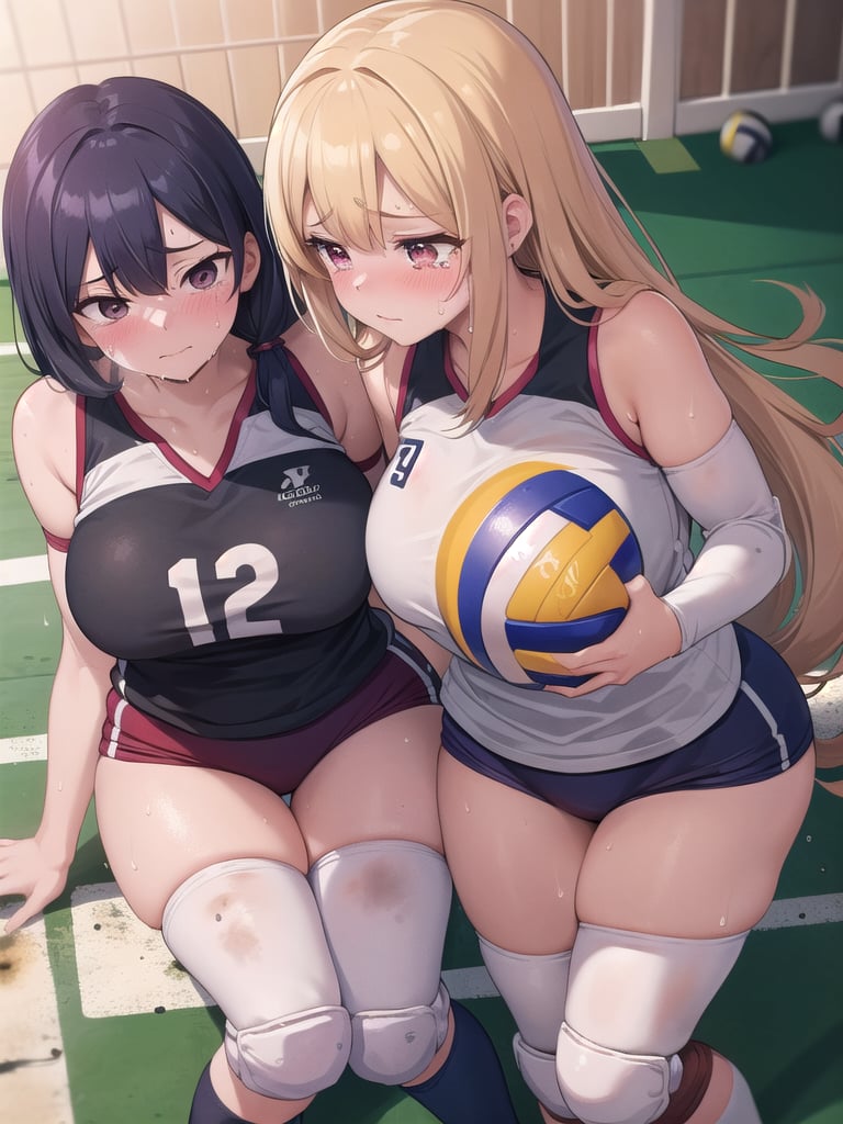 (((masutepiece))), (((Best Quality))), (((ultra-detailliert))), (((hight resolution))), ((superfine illustration)), ((Ultimate cutie)), Detailed beautiful face, Shiny hair, (gals), ((Plump)), (((2girls))), (((2 Female volleyball players))), ((Yuri)), ((sad)), Tears, ((blush)), 
BREAK, (((Holds dirty spherical 6-inch volleyballs))), BREAK, (((Buruma))), (Volleyball uniform), Sleeveless Volleyball Uniforms, (((Buruma))), (Knee pad), (elbow pad), (Bare hands), ((Sweat)), ((Covered in sweat)), (deep breathing), on valleyball court, in gymnasium, Lighting, From  above, Look at viewers, 