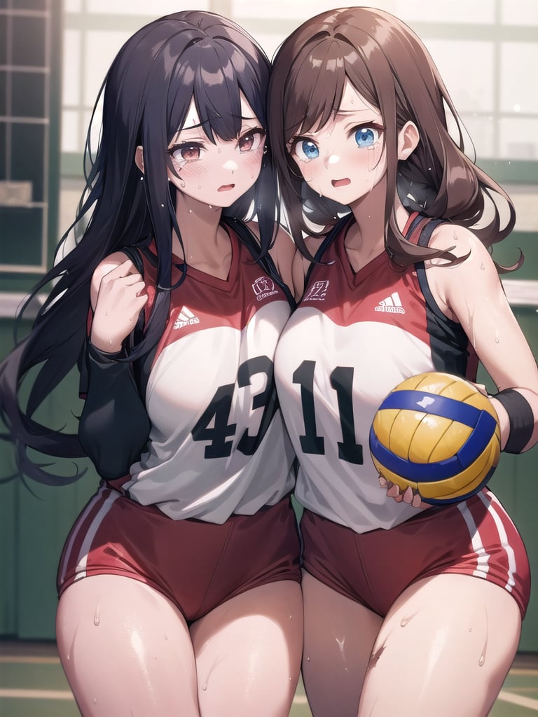 masterpiece, Best Quality, high resolution, ((Ultimate cutie)), Detailed beautiful face, Shiny hair, (gyaru), ((Plump)), (((2girls))), (((2 Female volleyball players))), (Yuri)), ((frustrated expression)), ((tearfully)),  ((blush)), 
BREAK, ((Holding a dirty spherical 6-inch volleyball ball)), BREAK, adidas, (Buruma), (Volleyball uniform), Sleeveless, (Knee pad), (elbow pad), (Bare hands), ((Sweat)), ((Covered in sweat)), (deep breathing), on valleyball court, in gymnasium, Look at viewers, cowboy shot