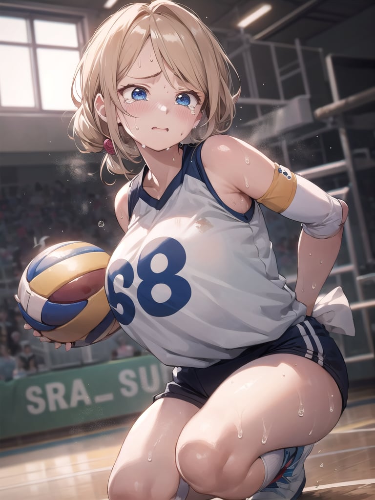 masterpiece, Best Quality, high resolution, ((Ultimate cutie)), Detailed beautiful face, Shiny hair, (gyaru), (Plump), (((soro))), (Female volleyball players), (Yuri)), (((frustrated expression))), ((tearfully)), ((blush)), 
BREAK, ((Holding a dirty spherical 6-inch volleyball ball)), BREAK, adidas, (Buruma), (Volleyball uniform), Sleeveless, (Knee pad), (elbow pad), (Bare hands), ((Sweat)), ((Covered in sweat)), (deep breathing), on valleyball court, in gymnasium, cowboy shot