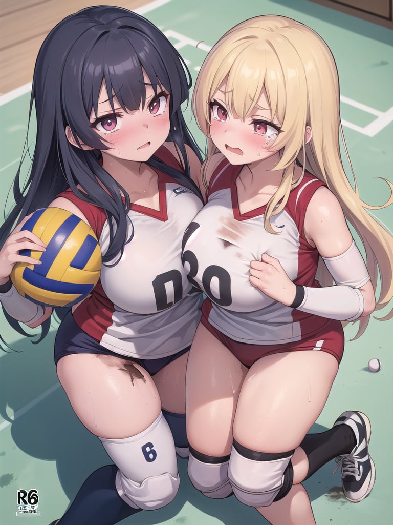 (((masutepiece))), (((Best Quality))), (((ultra-detailliert))), (((hight resolution))), ((superfine illustration)), ((Ultimate cutie)), Detailed beautiful face, Shiny hair, (gals), ((Plump)), (((2girls))), (((2 Female volleyball players))), ((Yuri)), ((sad)), Tears, ((blush)), BREAK, (((Holds dirty spherical 6-inch volleyballs))), BREAK, (((Buruma))), (Volleyball uniform), Sleeveless Volleyball Uniforms, (((Buruma))), (Kneepads), (elbow pad), (Bare hands), ((Sweat)), ((Covered in sweat)), (breathless), on valleyball court, in gymnasium, Lighting, From  above, Look at viewers