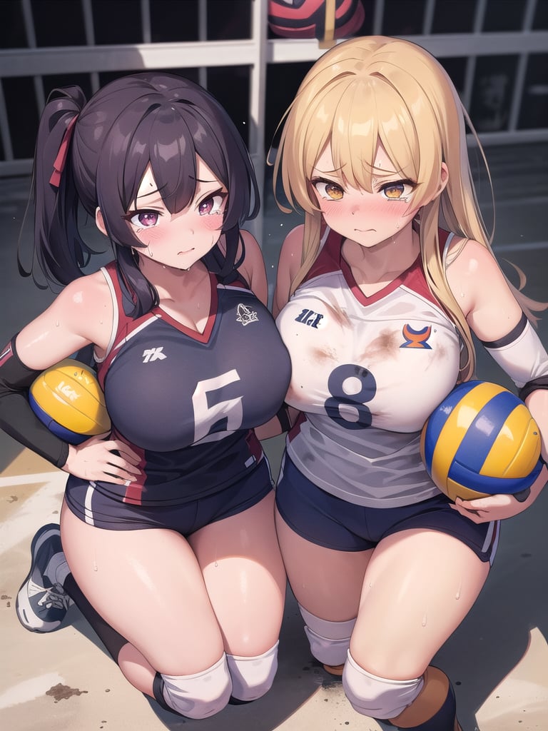 (((masutepiece))), (((Best Quality))), (((ultra-detailliert))), (((hight resolution))), ((superfine illustration)), ((Ultimate cutie)), Detailed beautiful face, Shiny hair, (gals), ((Plump)), (((2girls))), (((2 Female volleyball players))), ((Yuri)), ((sad)), Tears, ((blush)), BREAK, (((Holds dirty spherical 6-inch volleyballs))), BREAK, (((Buruma))), (Volleyball uniform), Sleeveless Volleyball Uniforms, (((Buruma))), (Kneepads), (elbow pad), (Bare hands), ((Sweat)), ((Covered in sweat)), (breathless), on valleyball court, in gymnasium, Lighting, From  above, Look at viewers