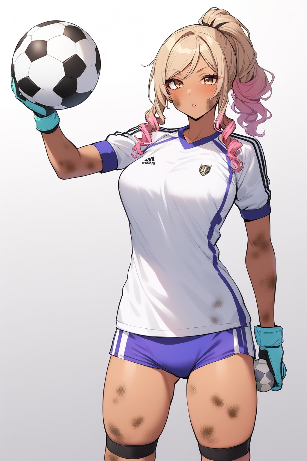 ⚽️, 1girls, gyaru, goalkeeper uniform, buruma, gloves, knee supporter, holding a Holding perfectly spherical, and dirty 6-inch soccer ball, cowboy shot, perfect anatomy