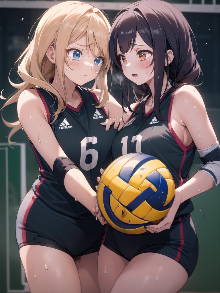 masterpiece, Best Quality, high resolution, ((Ultimate cutie)), Detailed beautiful face, Shiny hair, (gyaru), ((Plump)), (((2girls))), (((2 Female volleyball players))), (Yuri)), (((frustrated expression))), ((tearfully)), ((blush)), 
BREAK, ((Holding a dirty spherical 6-inch volleyball ball)), BREAK, adidas, (Buruma), (Volleyball uniform), Sleeveless, (Knee pad), (elbow pad), (Bare hands), ((Sweat)), ((Covered in sweat)), (deep breathing), on valleyball court, in gymnasium, cowboy shot