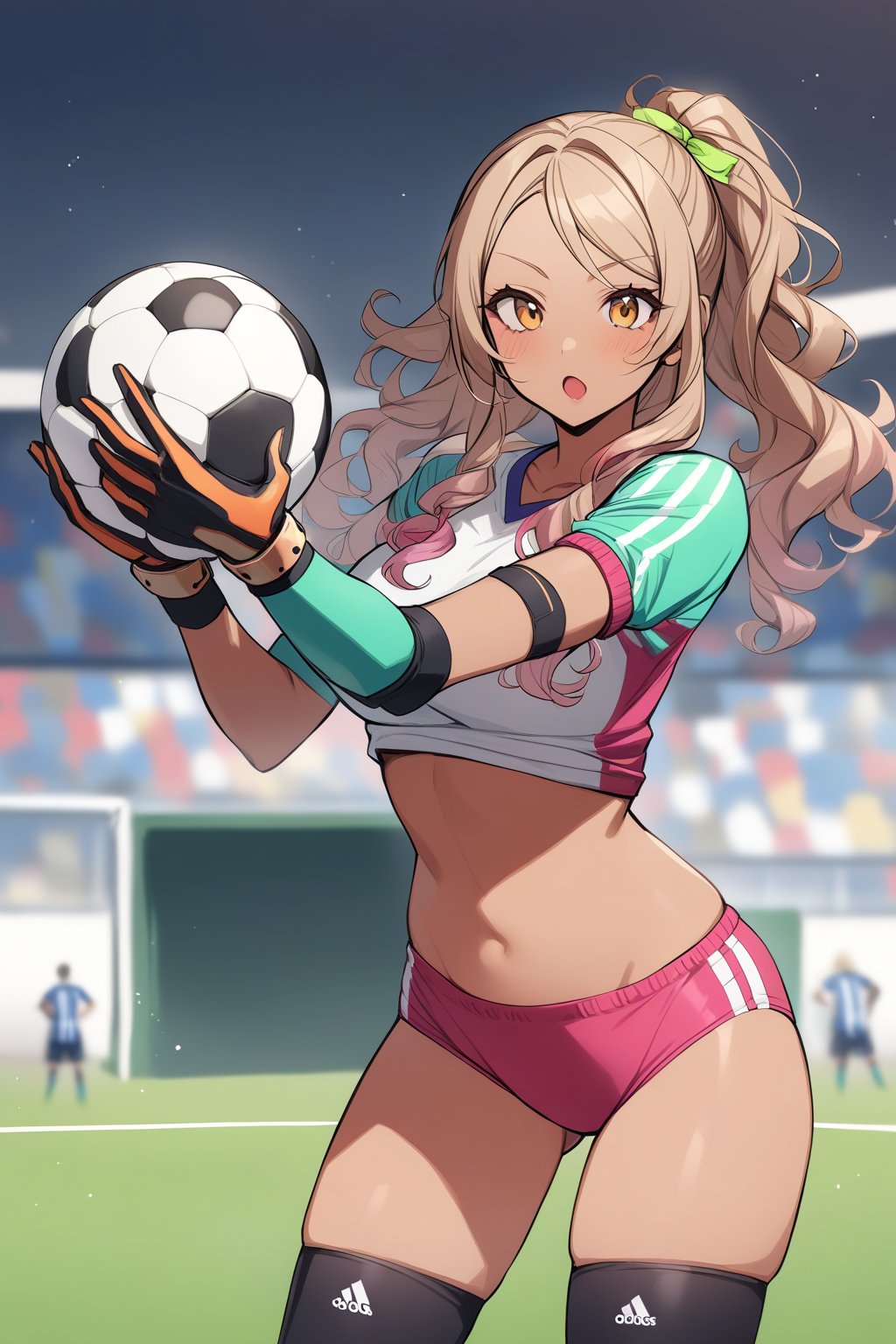 ⚽️、1girl, gyaru, goalkeeper, buruma, gloves, knee supporter, elbow supporter, holding soccer ball, cowboy shot