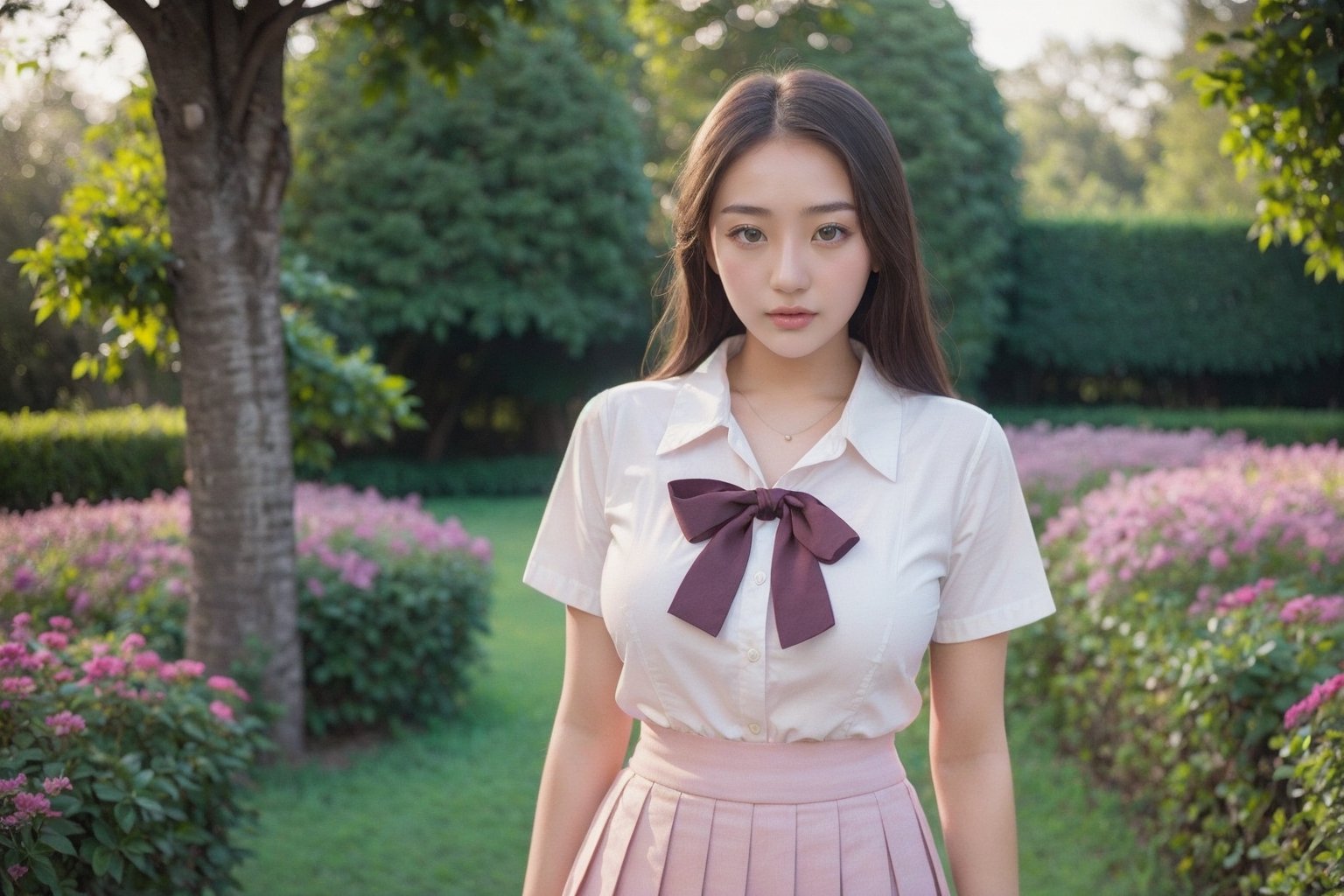 Thai girl 16 years old, Thai junior school uniform, (whirt short sleeve shirt| plain pleated pink skirt),
colorful flowers field as a scene,
Rule of third composition portrait, professional photographer,
Rim light, sunshine days, Giant tree, flim grain:1.2