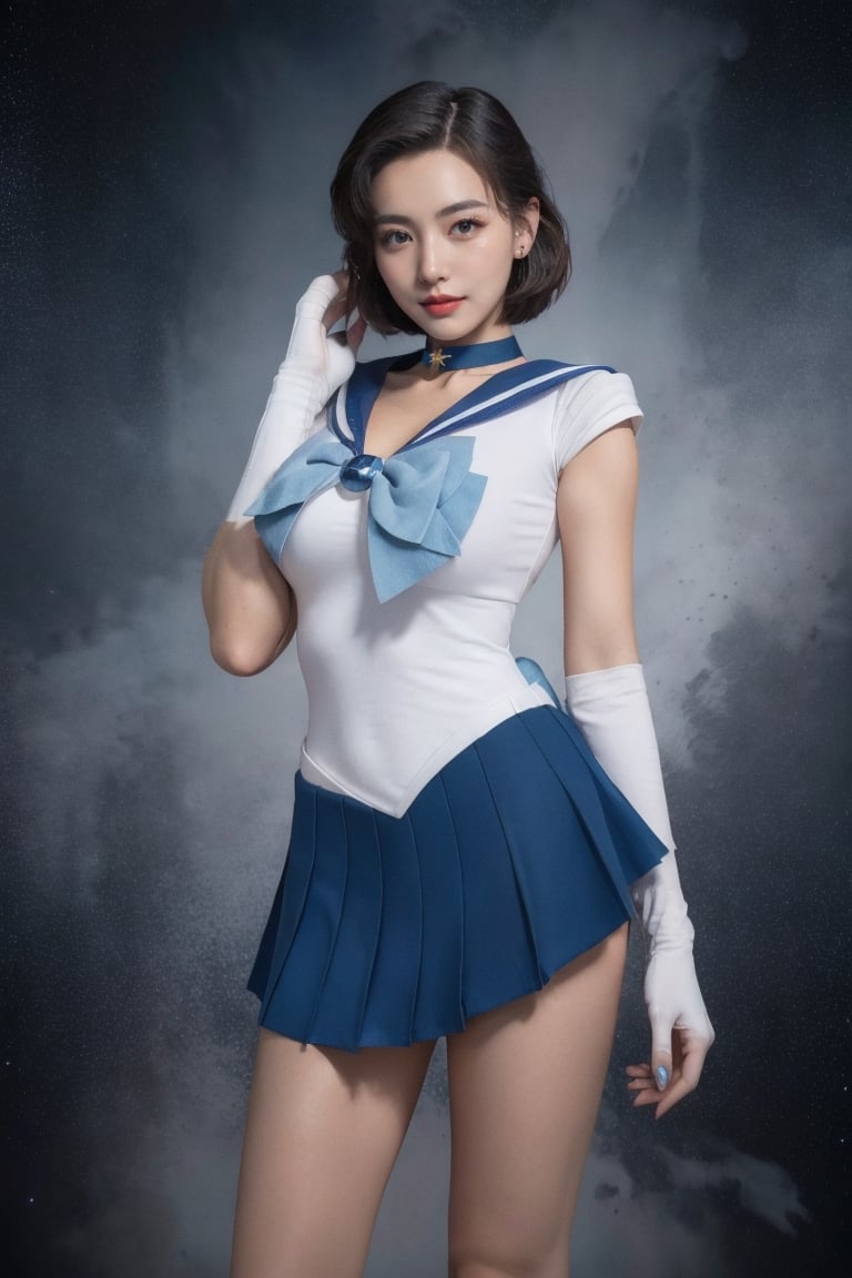 masterpiece, best quality, highres, mer1, tiara, sailor senshi uniform, blue sailor collar, bow, knee boots, choker, white gloves, blue choker, elbow gloves, jewelry, earrings, blue skirt, , cowboy shot, standing, space_background,mer1