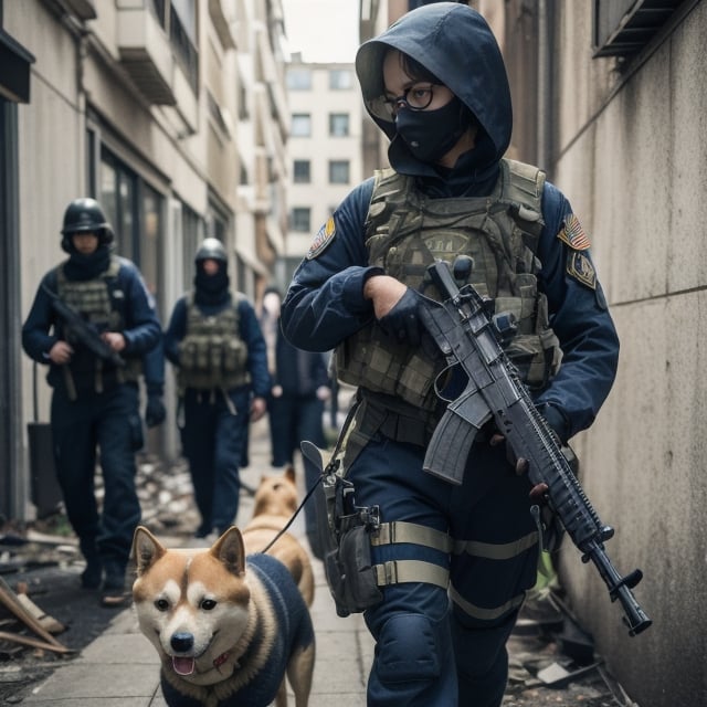 realistic photography, cinematic still, street photography style, a woman wearing a navy seal costume, face to kess Bird eye view shot, walking with a Shiba dog in war, shot gun, broken building, fire, 