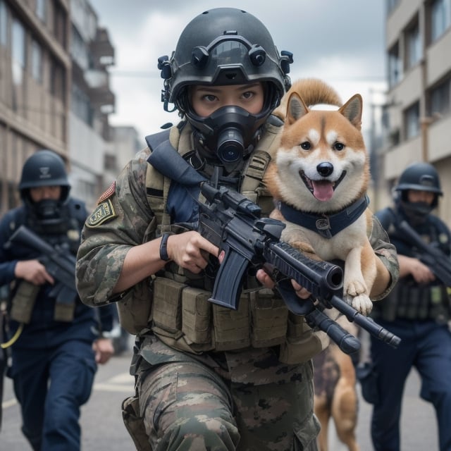 realistic photography, cinematic still, street photography style, a woman wearing a navy seal costume, face to kess Bird eye view shot, walking with a Shiba dog in war, shot gun, broken building, fire, 