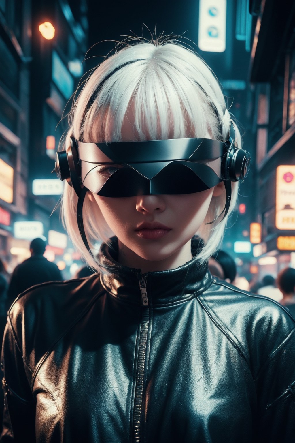 n_2b, white hair, realistic photography, action,white background,ink,(black blindfold:1.3),Ultra-detail,(highres:1.1),best quality,(masterpiece:1.3),cinematic lighting,Cyberpunk VR ,Cyberpunk,C7b3rp0nkStyle