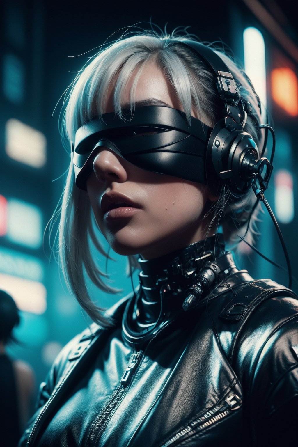 n_2b, white hair, realistic photography, action,white background,ink,(black blindfold:1.3),Ultra-detail,(highres:1.1),best quality,(masterpiece:1.3),cinematic lighting,Cyberpunk VR ,Cyberpunk,C7b3rp0nkStyle