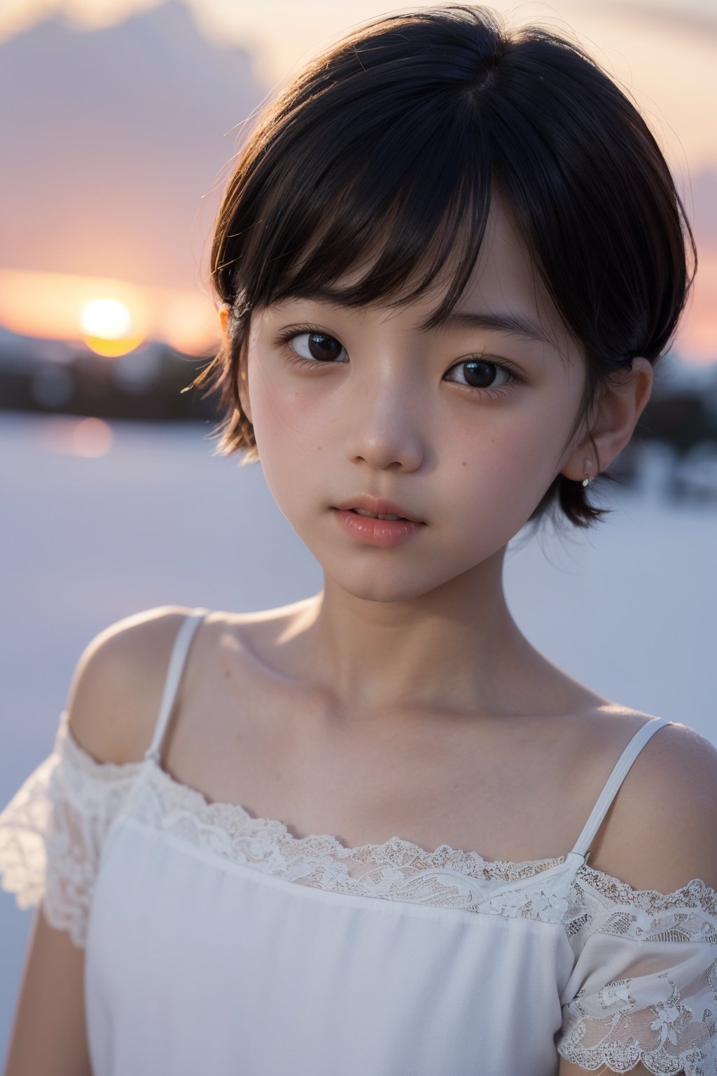 主：(((Snow under sunset))),(looking at the audience),(((Only the face enters the camera))), (Focus on the face),
人：1 korean young girl,(young girl of elementary school age),Pure and restrained young girl,A young girl of primary school age,(a very beautiful and innocent young girl),(10 years old),
髮：(bangs),(((very short handsome short hair:1.4))),The length of short hair is above the ears,
服：Off-the-shoulder, (((spaghetti strap lace sheer shirt))),