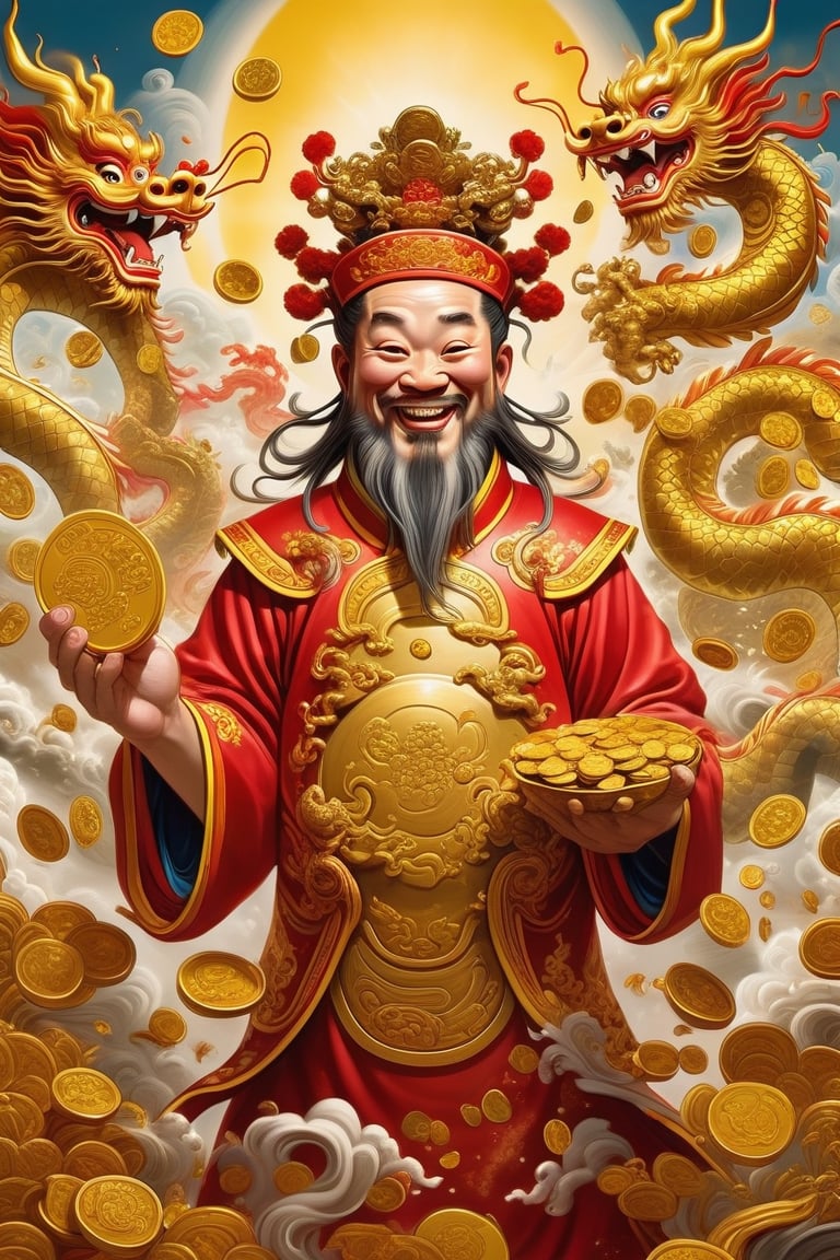 Extremely detailed painting, the Chinese God of Wealth holds a gold ingot in his hand, with a happy expression. There is a golden Chinese dragon in the background, with gold and red colors. The picture is full of wealth, and gold coins fall all over the sky.