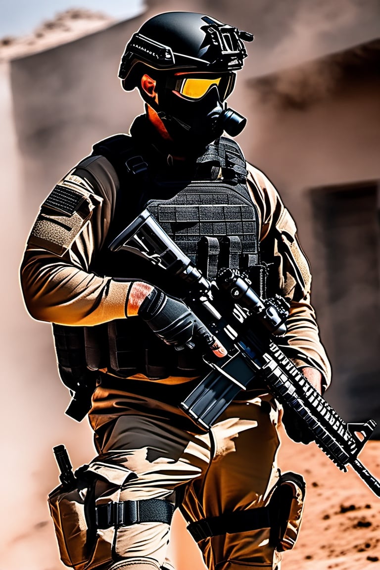 A special forces personnel wearing a black tactical combat vest, black tactical trousers, black tactical light clothing, black combat boots, black tactical helmet, black windproof glasses, black protective mask, black tactical gloves, tactical backpack, etc., carrying m4a1 assault rifle, black tactical knee protection elbow protection, shooting posture (delicate picture quality) (well-equipped)