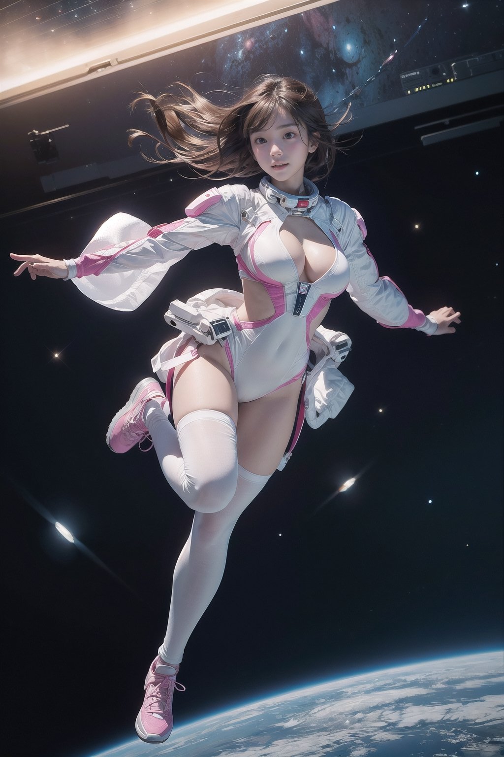 1 Korean girl, full body, breasts, looking at the audience, blue eyes, brown hair, running, tights, spacecraft, ((show breasts)), white and pink suit, floating in outer space (supermodel)