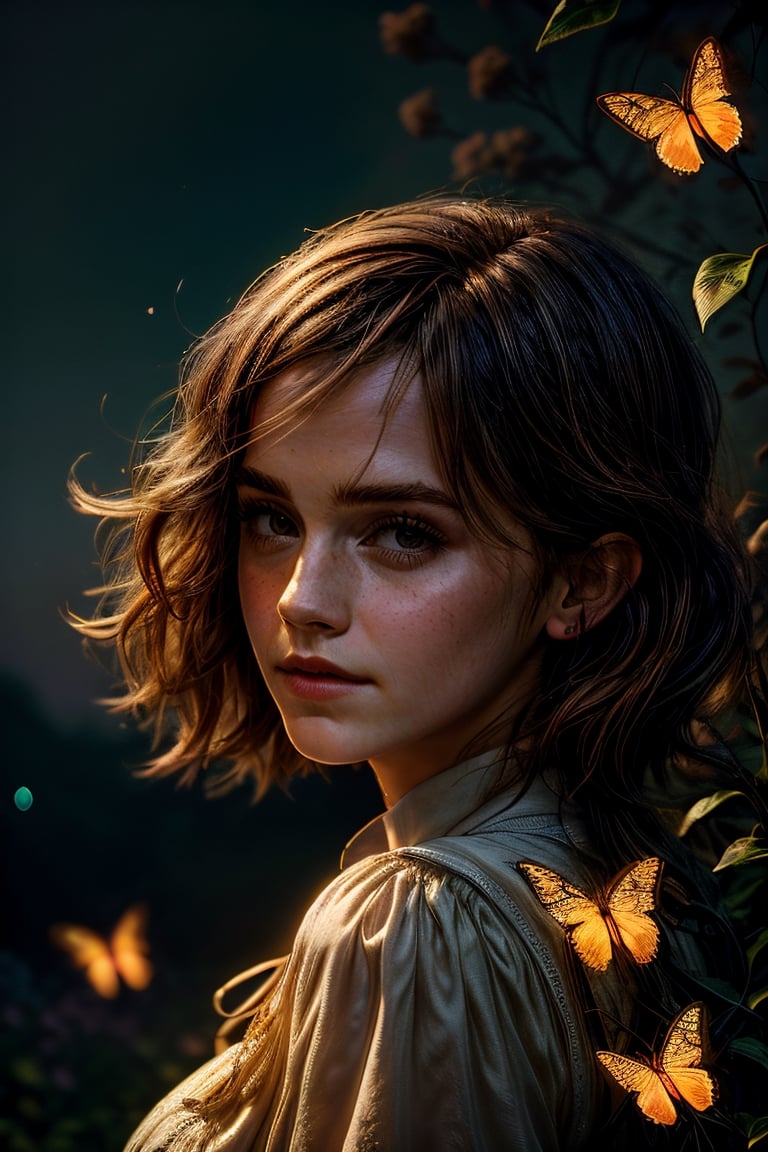 Emma Watson strikes a confident front pose in the midst of a darkened setting, illuminated solely by the vibrant glow of RGB flowers and butterflies, evoking a sense of enchantment and wonder, Artwork, digital illustration with careful attention to light and shadow, enhancing the magical allure of the scene