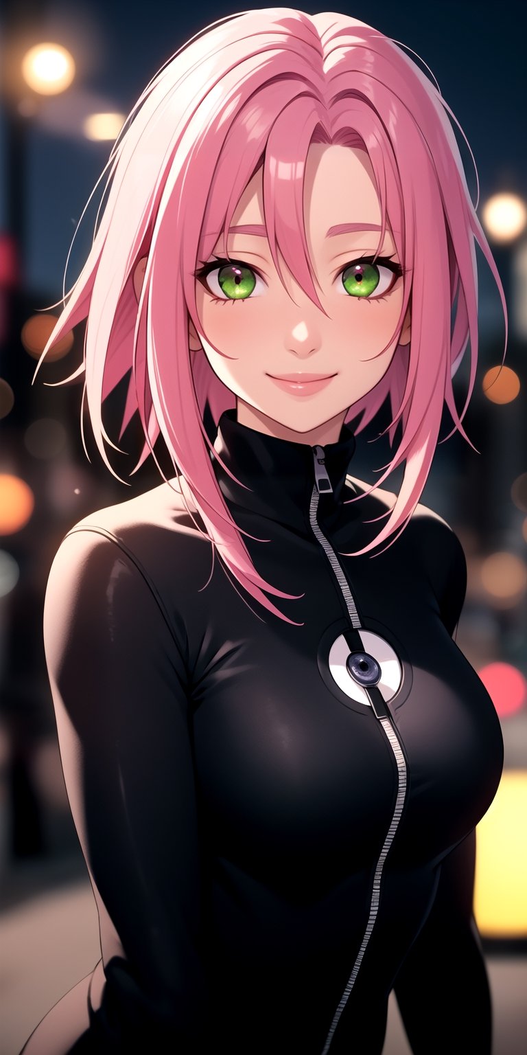 centered, solo, upper body, sakura haruno, pink hair, green eye, smile, party bleck suit, night city, | street scenery, city, | bokeh, depth of field, (looking at viewer:1.2), Detailedface