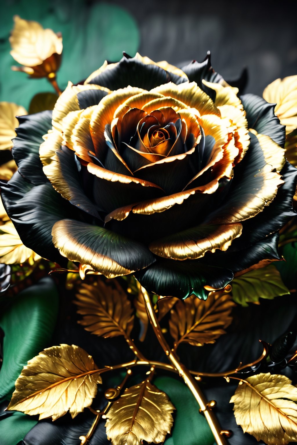 realistic black rose, golden details on green leaves, gold thorns, green stalks, black petals, high resolution, ultra detailed texture, vibrant contrast, elegant design, by FuturEvoLab, (masterpiece: 2), best quality, ultra highres, original, perfect lighting, rich colors, 