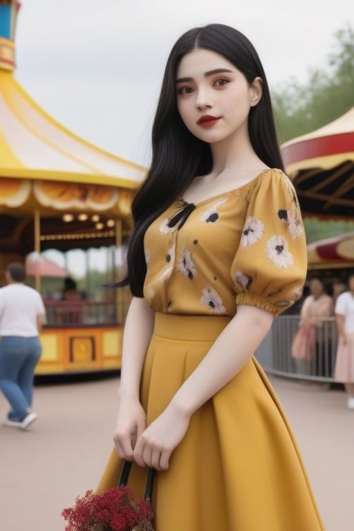 A girl with white skin, brown eyes, very long black hair that reaches to her waist, with a long mustard-colored skirt with a flower print, and a mustard-colored blouse with a flower print that reaches between her shoulder and elbow. In an amusement park